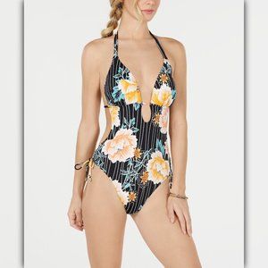 Bar III Floral Stripe Printed Plunging One-Piece Swimsuit L NWT